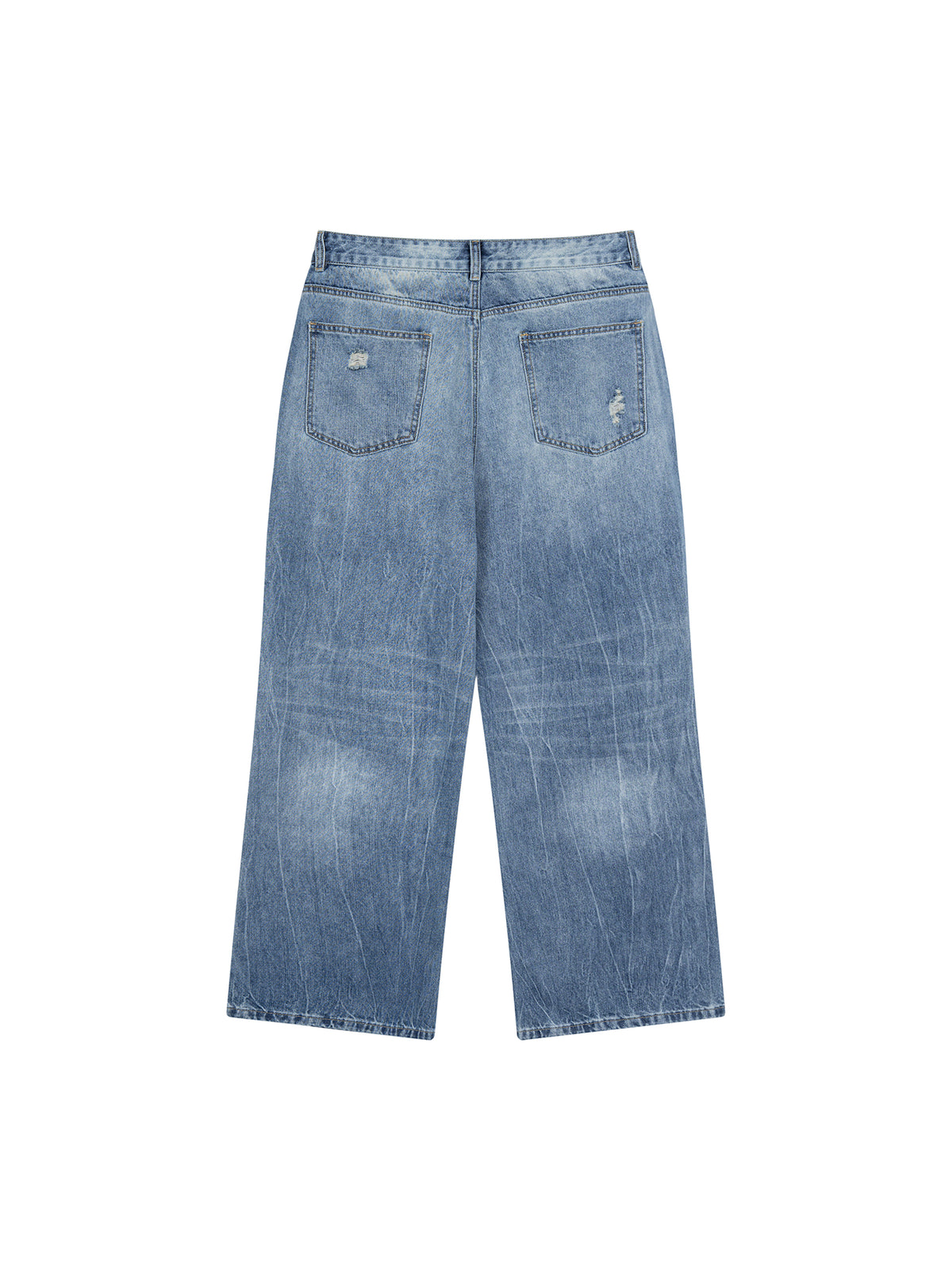 Back view of light blue denim jeans with a straight-leg fit, featuring faded whiskering and distressed details on the back pockets.