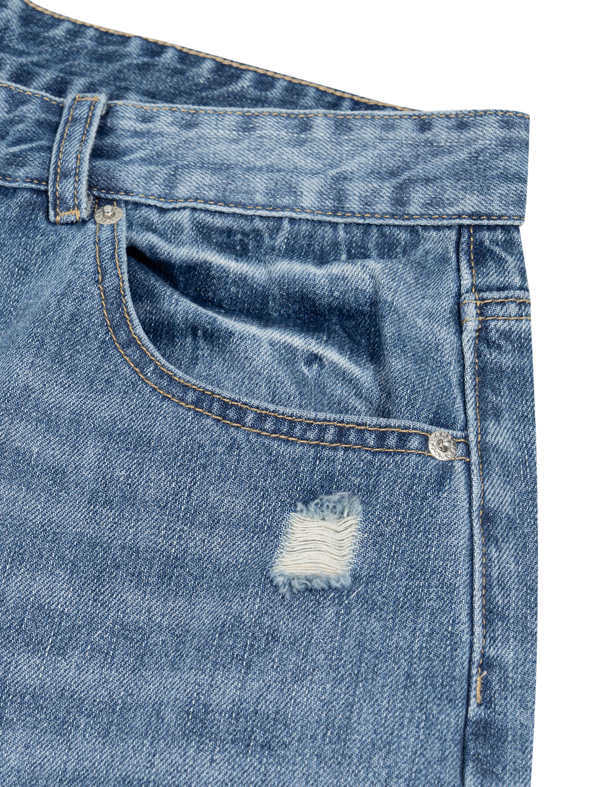 Close-up of blue denim jeans showing the waistband, front pocket, button, and a distressed rip on the seat area against a white background.