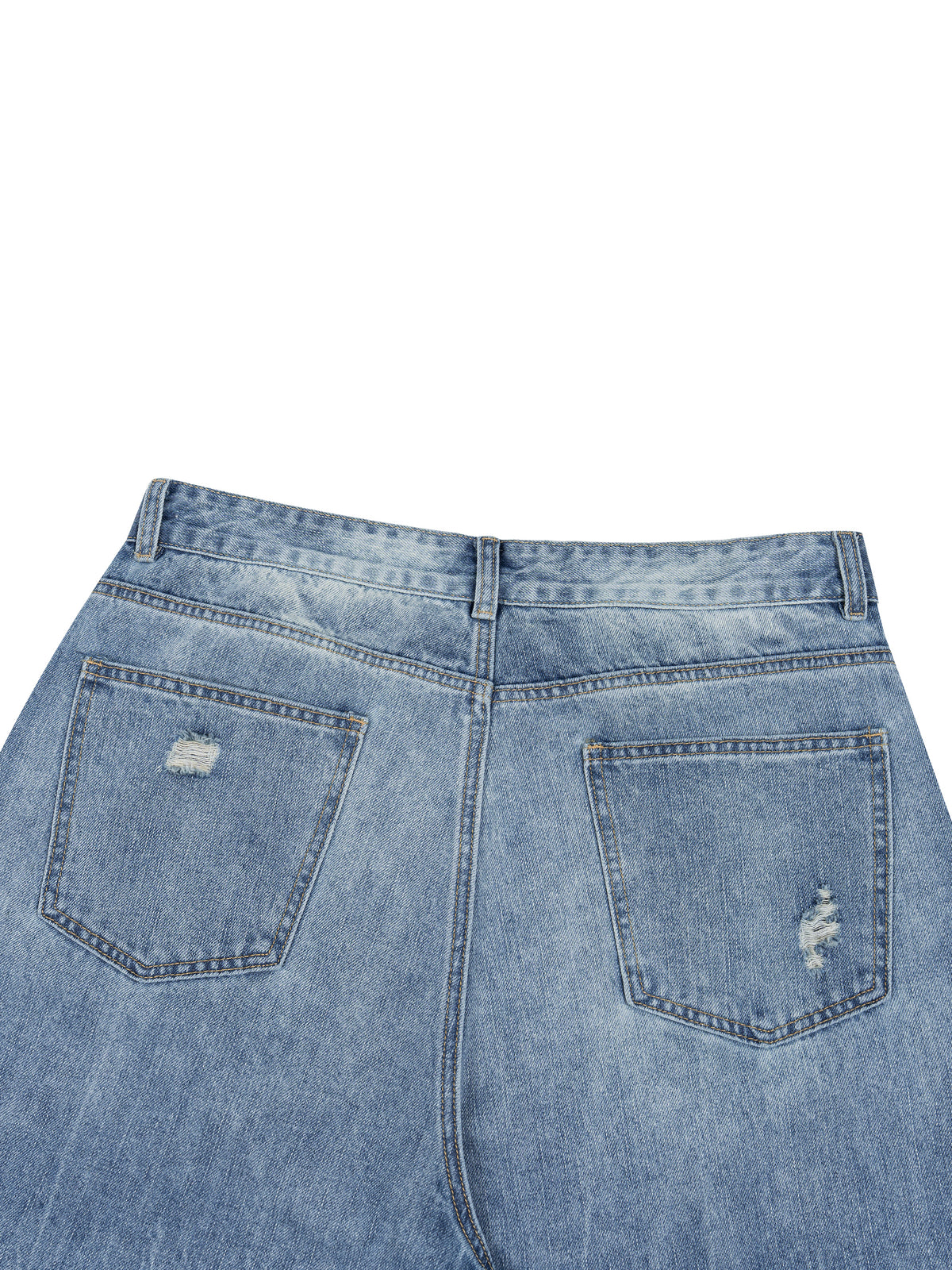 Close-up back view of light blue denim jeans showing the waistband, belt loops, and two back pockets with distressed rips on a white background.