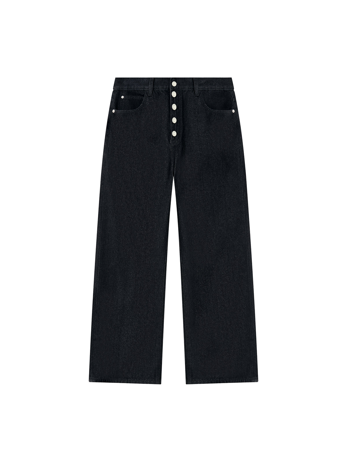 Black denim jeans with a front button fly, photographed flat against a solid white background.