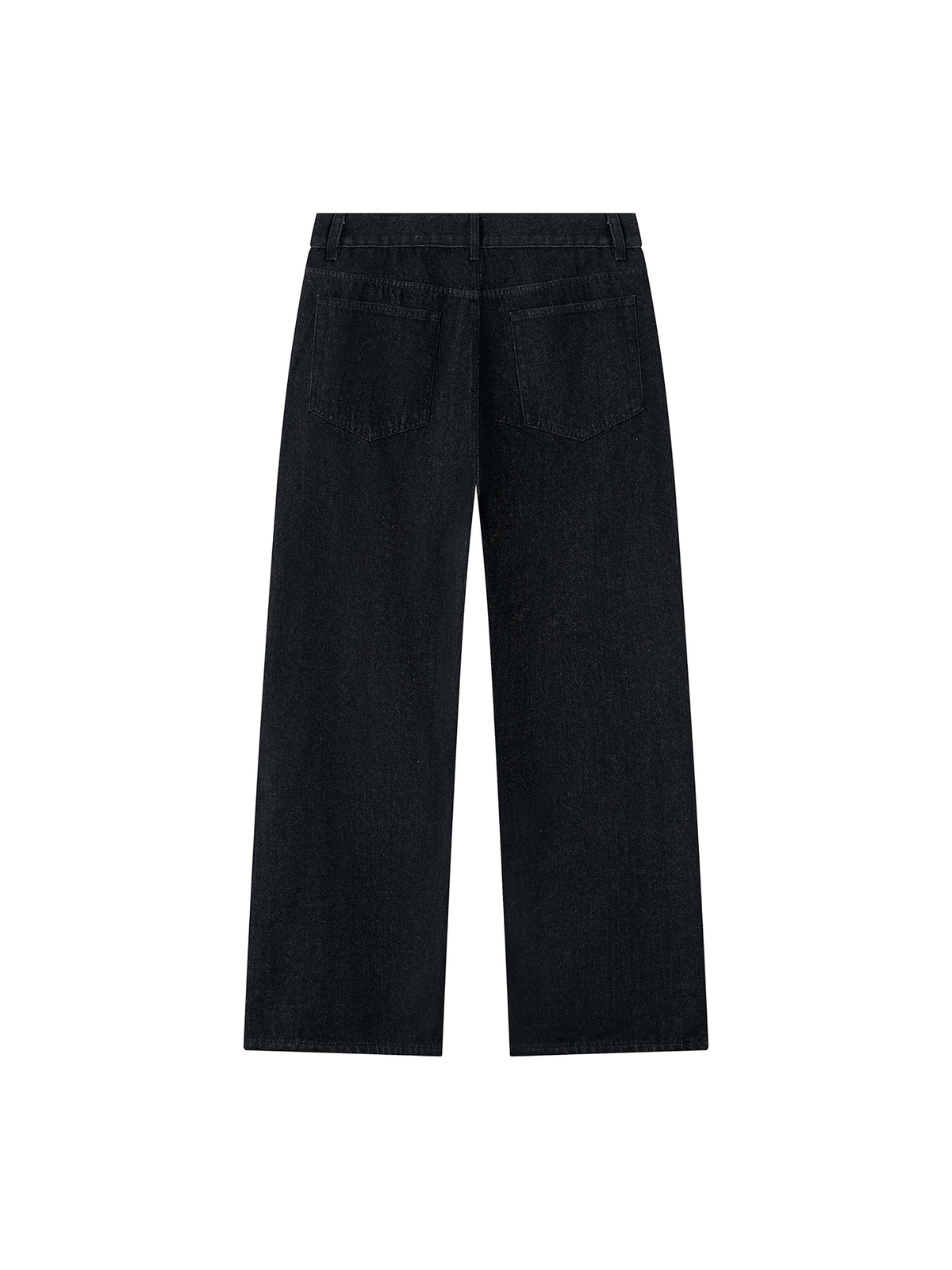 Black wide-leg denim jeans shown from the back, featuring a straight-to-slightly-flared leg and classic pocket design, on a solid white background.