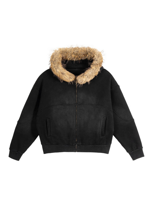 Black jacket with fur-lined hood on a white background