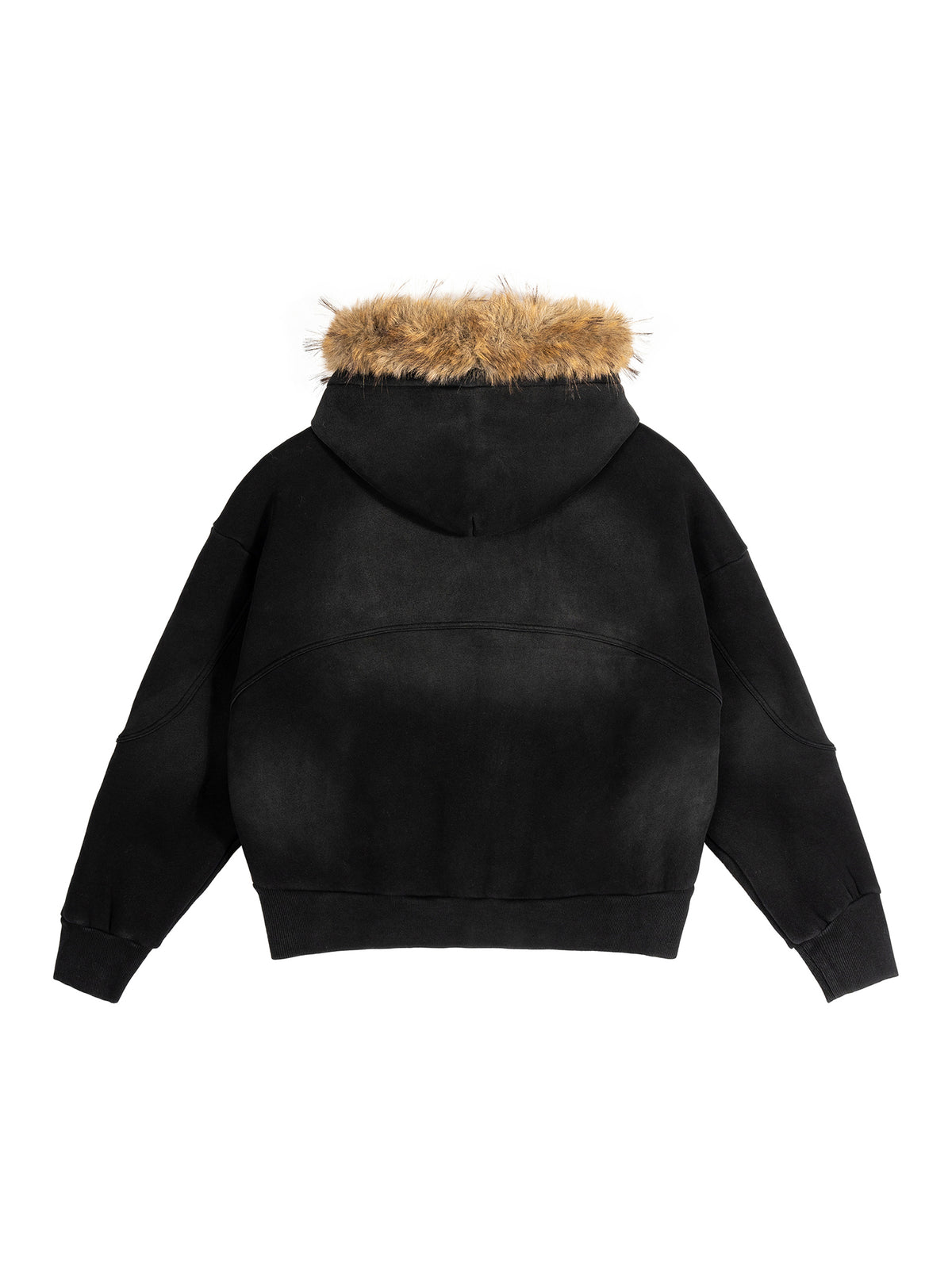 Black hoodie with brown fur lining on a white background