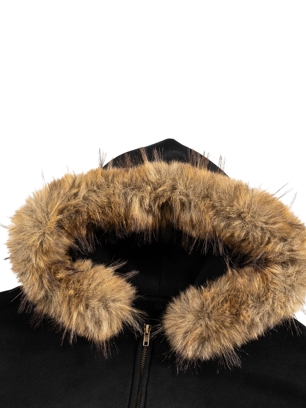 Black jacket with a fur-lined hood on a white background
