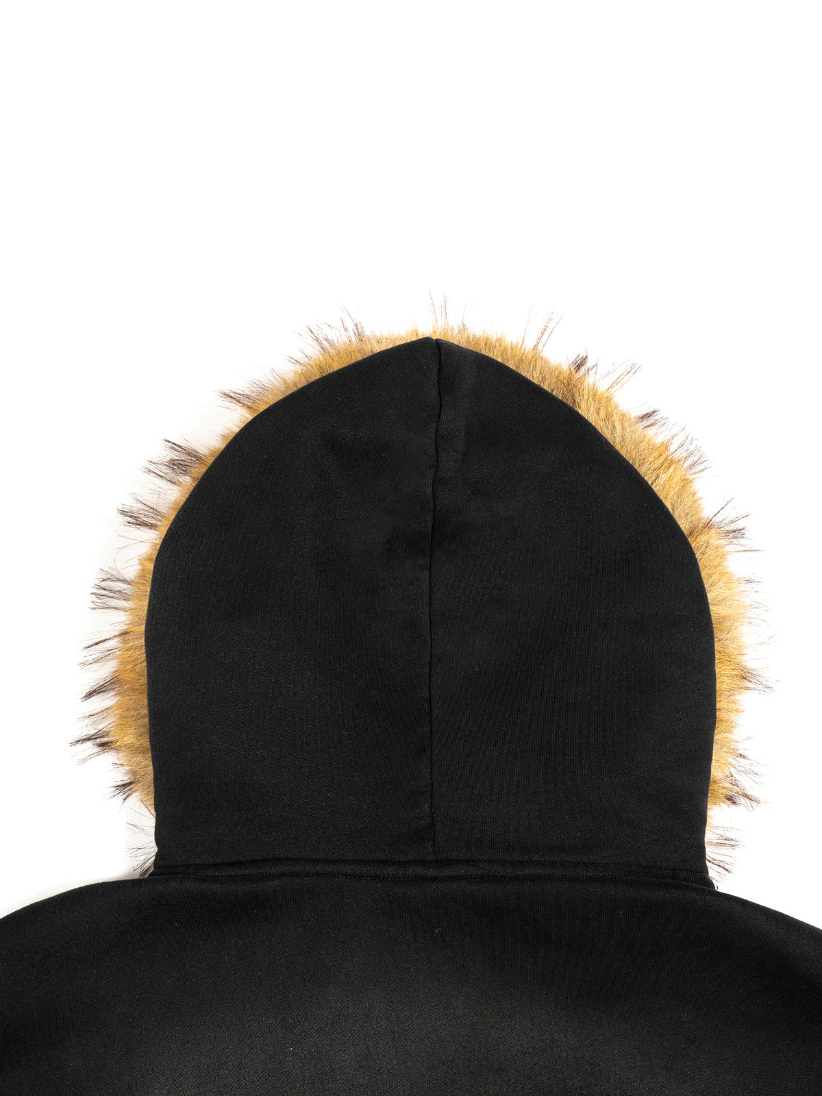 Black hoodie with a textured beige hood on a white background