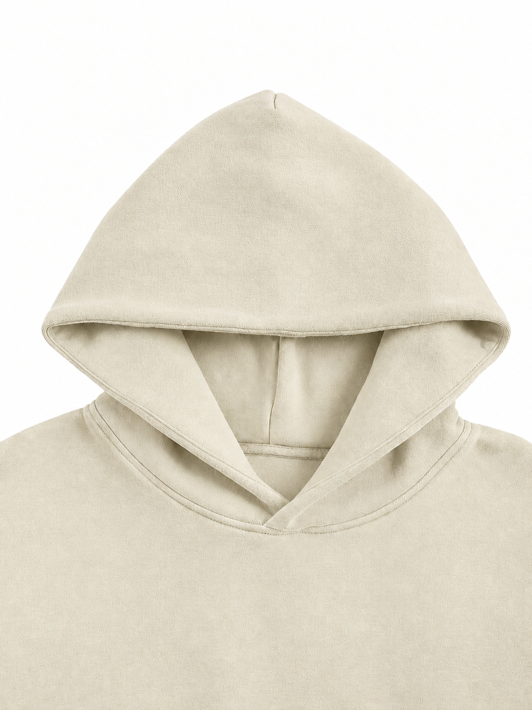 Close-up of a hooded sweatshirt in a light beige or cream color, showing the hood and upper chest area against a plain white background.