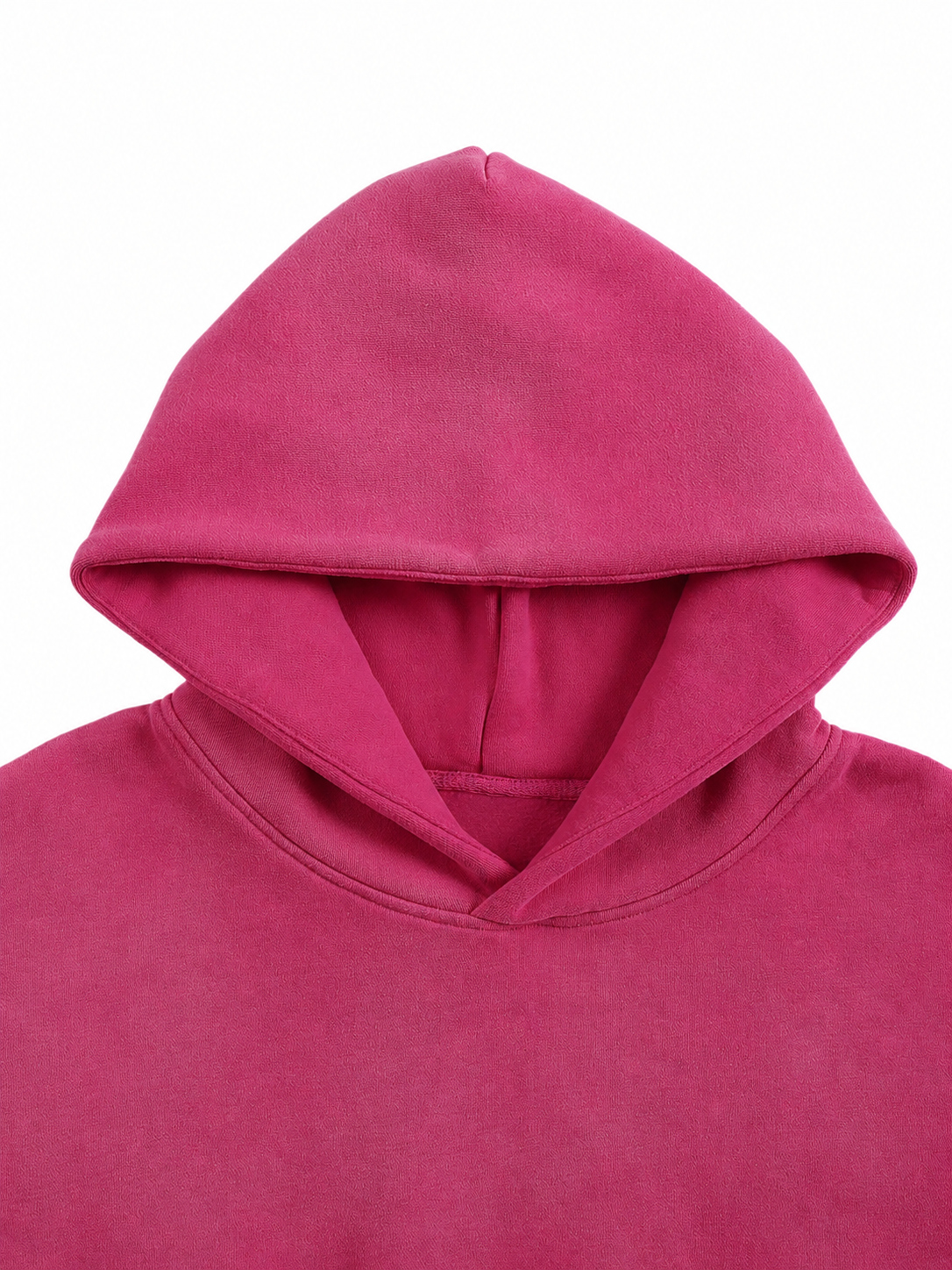 A close-up of a hooded sweatshirt in a vibrant magenta pink color, showing the hood and upper chest area against a plain white background.