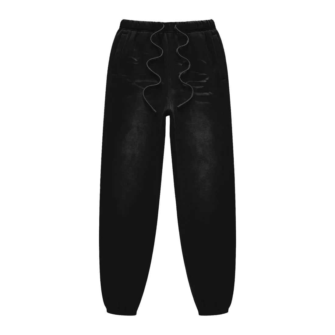 Black velvet jogger pants with a drawstring waist and a unique wavy drawstring detail, shown against a plain white background.