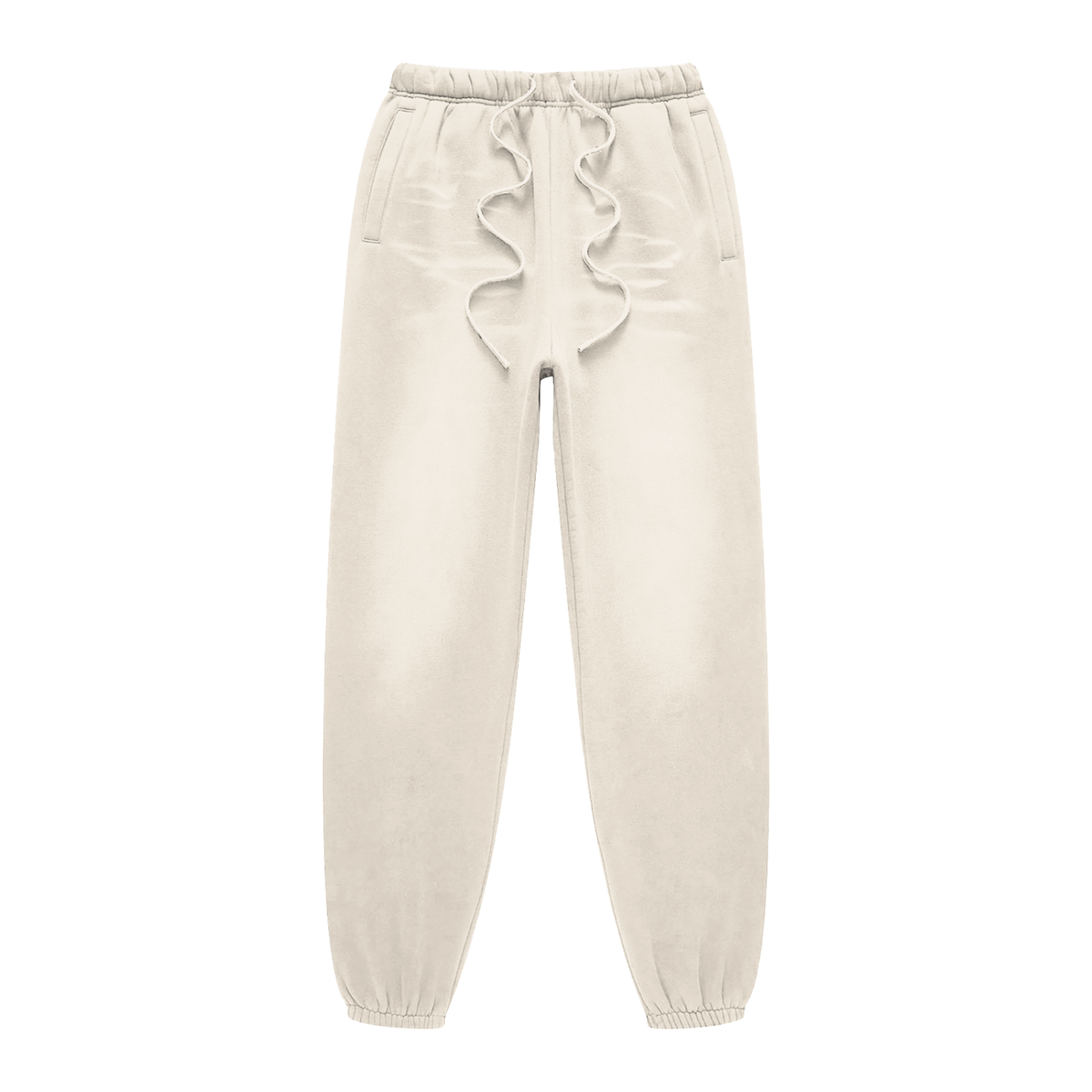 Beige sweatpants with ruffled details on a white background