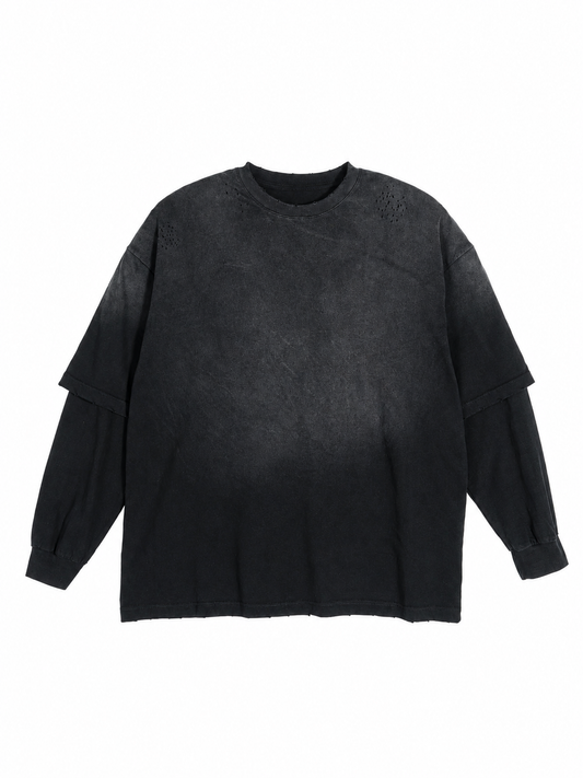 Sunfade Hand-Frayed Faux Two-Piece T-Shirt - Black