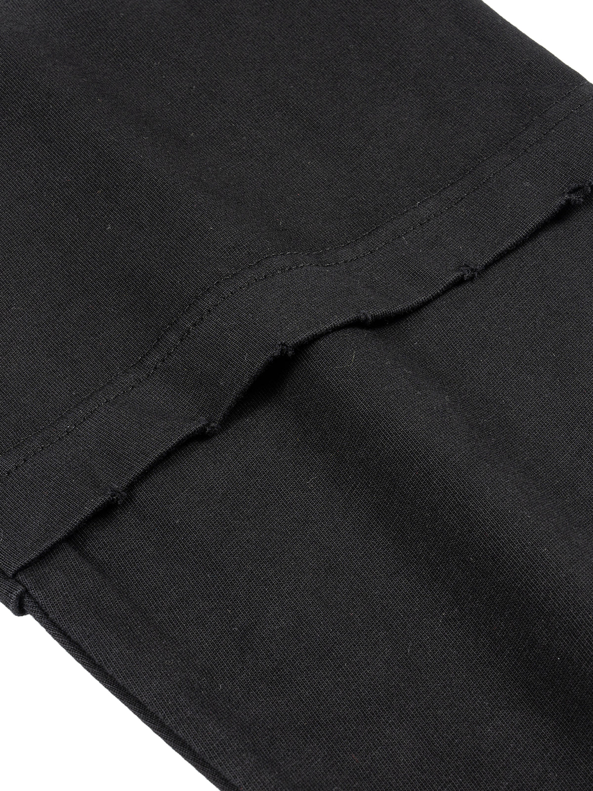 Close-up of black fabric with a visible seam on a white background
