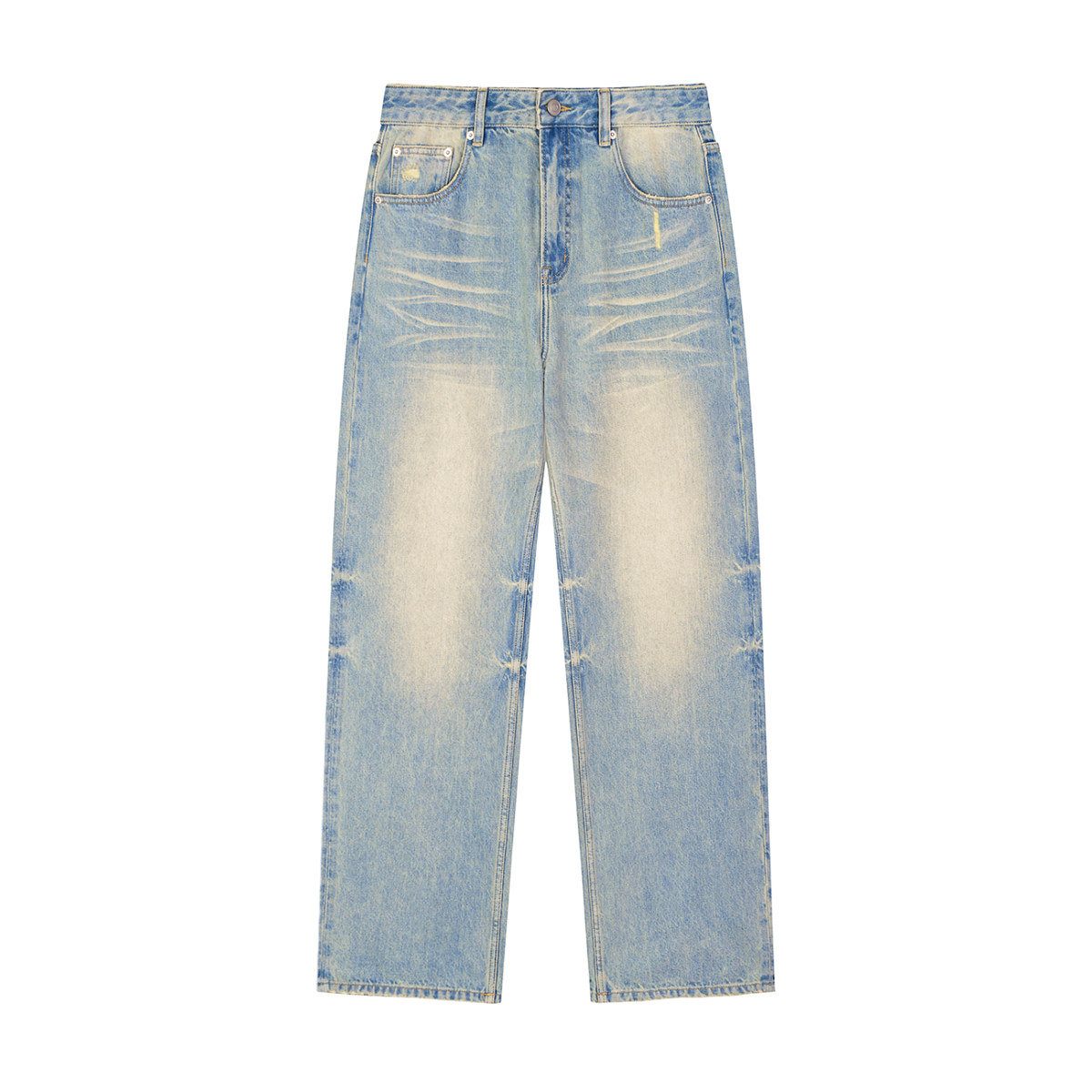 Light wash blue denim jeans with a high-rise fit, featuring distressed rips and heavy faded abrasion patches on the front of both legs.