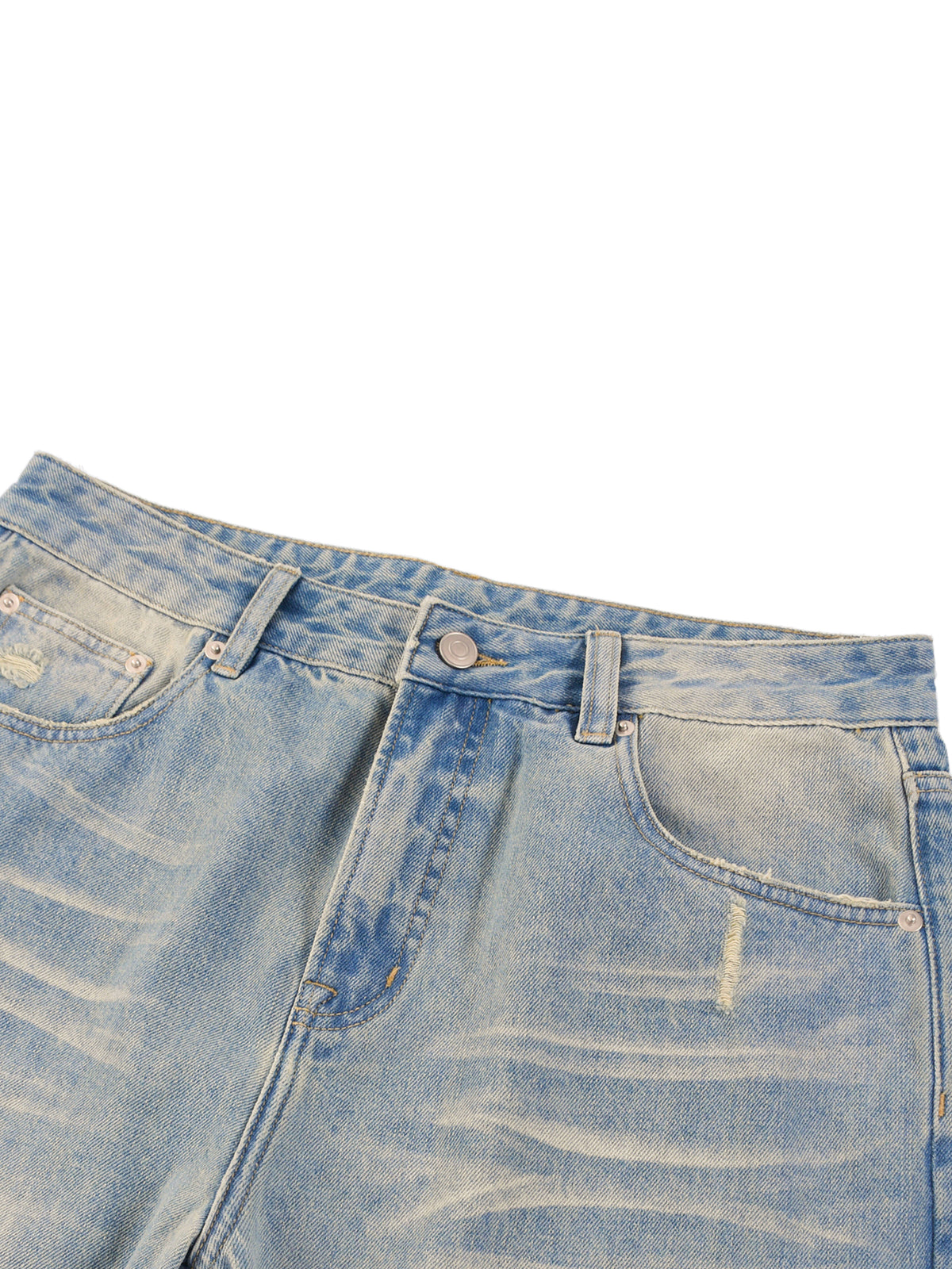 Close-up of a pair of light blue jeans on a white background