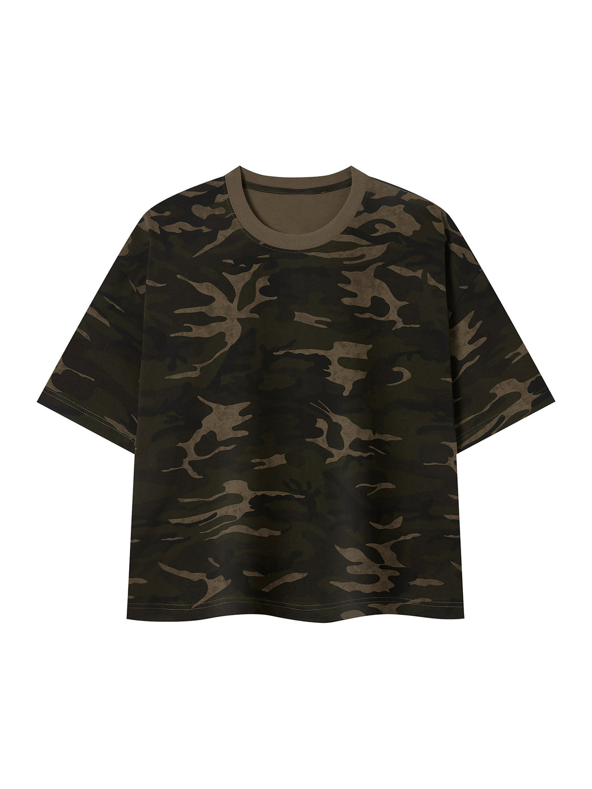 Camouflage-patterned t-shirt on a white background