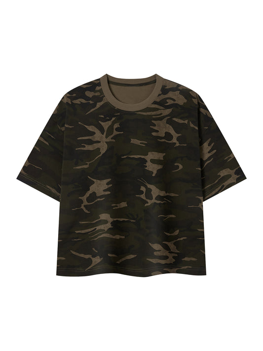 Camouflage-patterned t-shirt on a white background