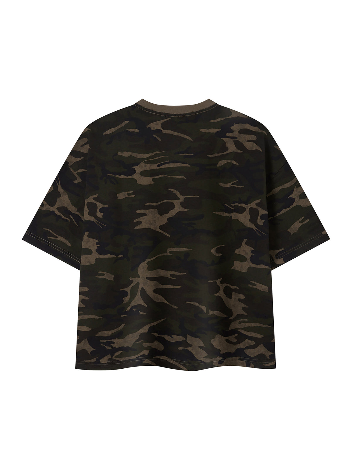 Camouflage-patterned t-shirt on a white background