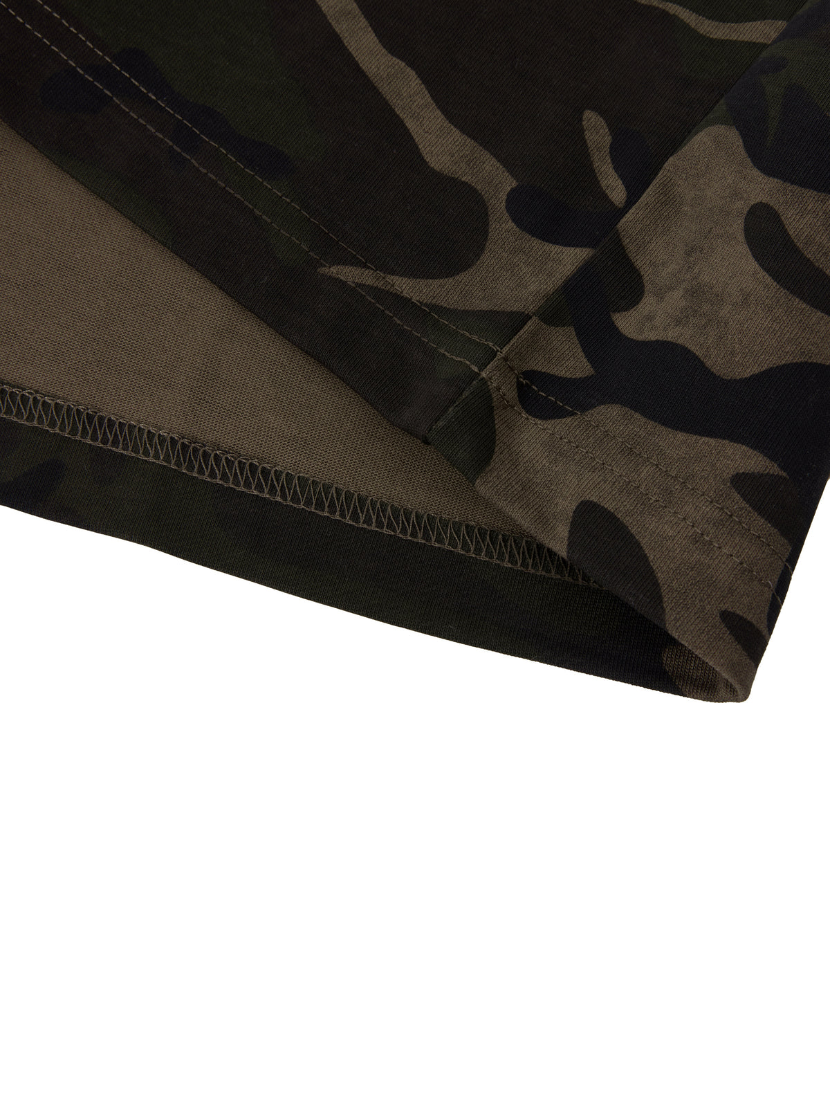 Close-up of a camouflage-patterned fabric with a zipper