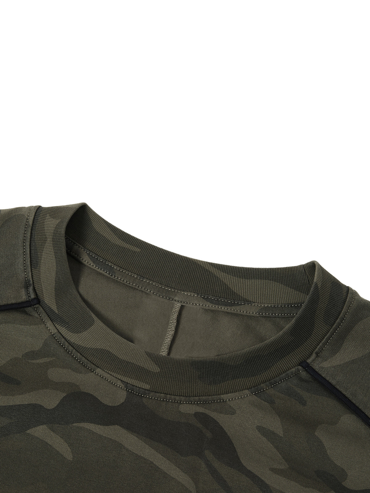 Close-up of a green camouflage shirt collar on a white background