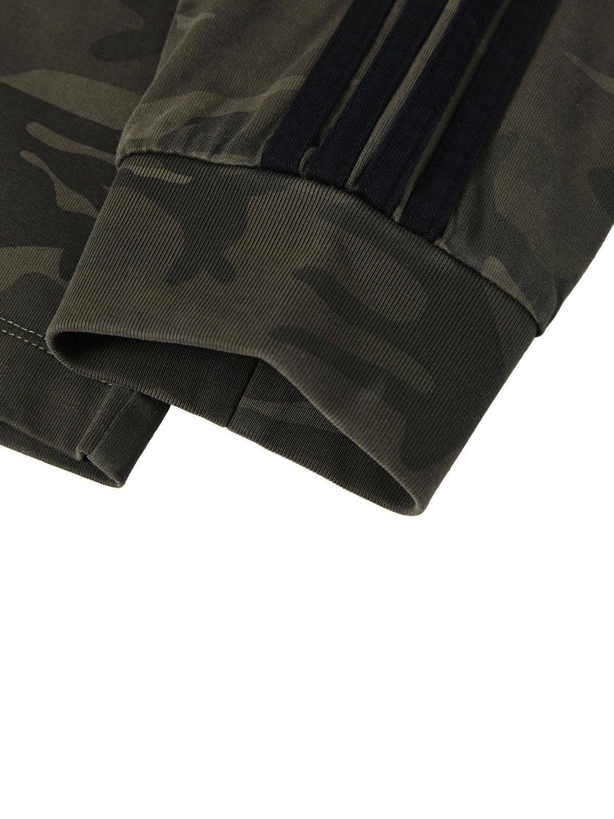 Close-up of a dark green camouflage jacket on a white background