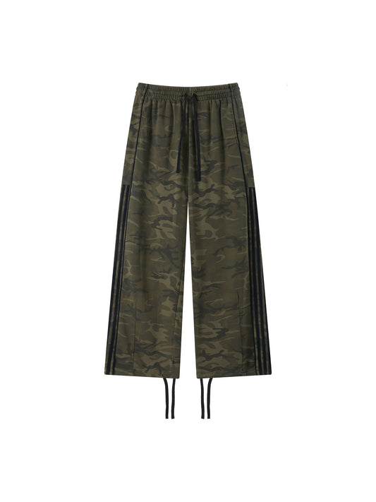 Camouflage pants with black stripes on a white background