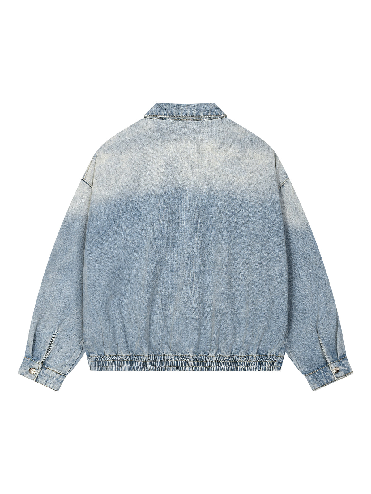Back view of a light blue denim jacket on a white background