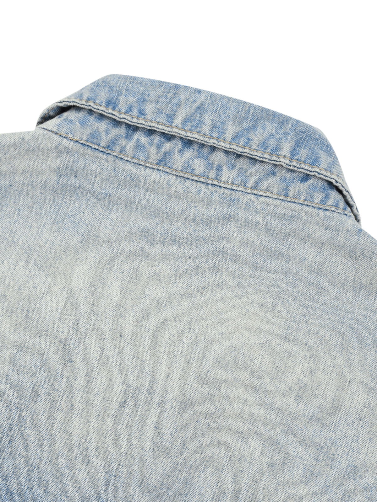 Close-up of a light blue denim shirt with collar on a white background