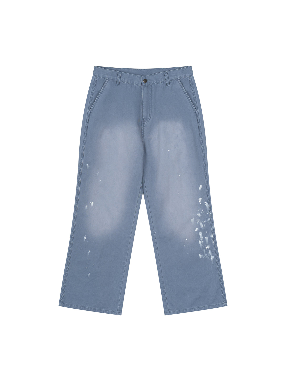 Light blue denim pants with a faded white paint-splatter design on the front, shown flat against a solid white background.
