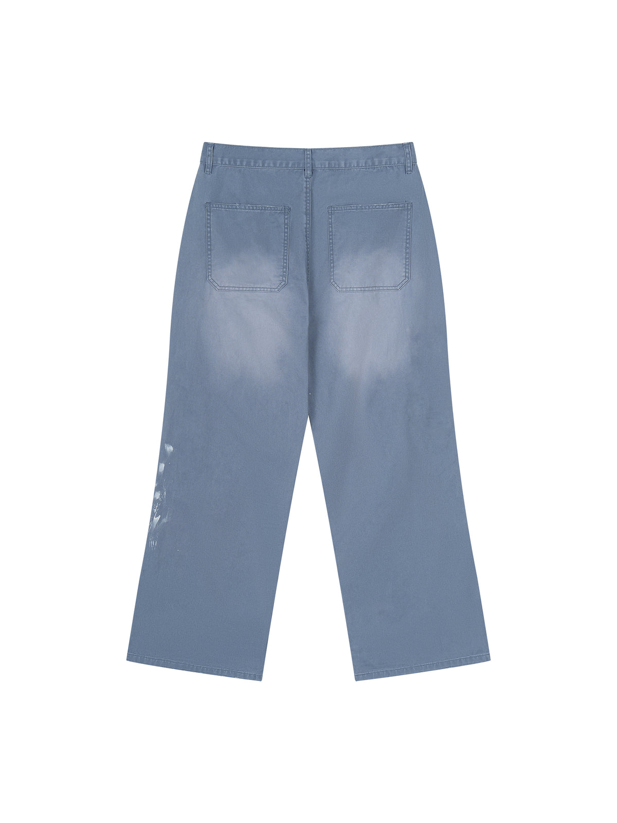 Light blue denim cropped pants shown from the back, featuring two back pockets and a subtle white distressed pattern on the left leg, set against a plain white background.
