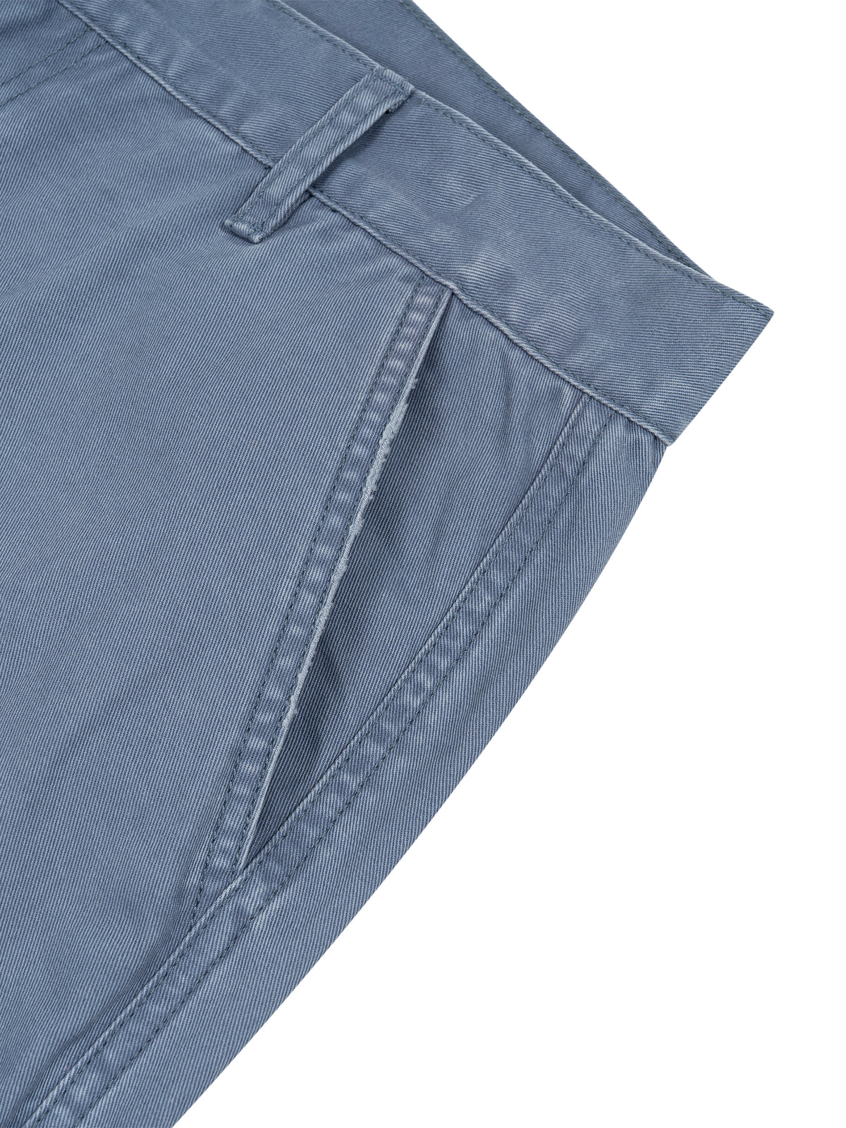 Close-up detail shot of a pair of blue denim pants showing the waistband, belt loop, and front seam against a white background.