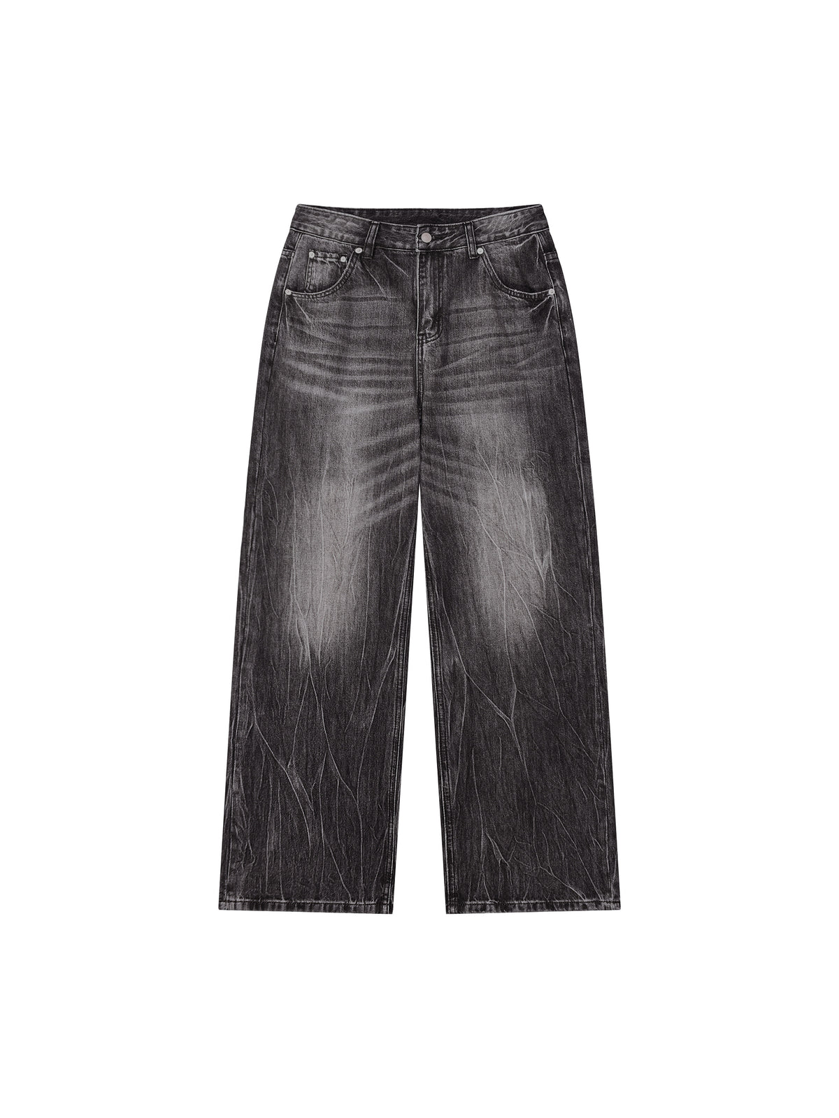 A pair of wide-leg cropped jeans in a washed black denim wash, shown flat against a solid white background.