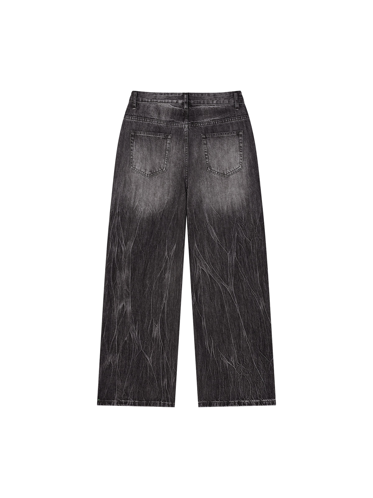 A pair of wide-leg cropped jeans in a washed black denim wash, shown from the back against a plain white background.