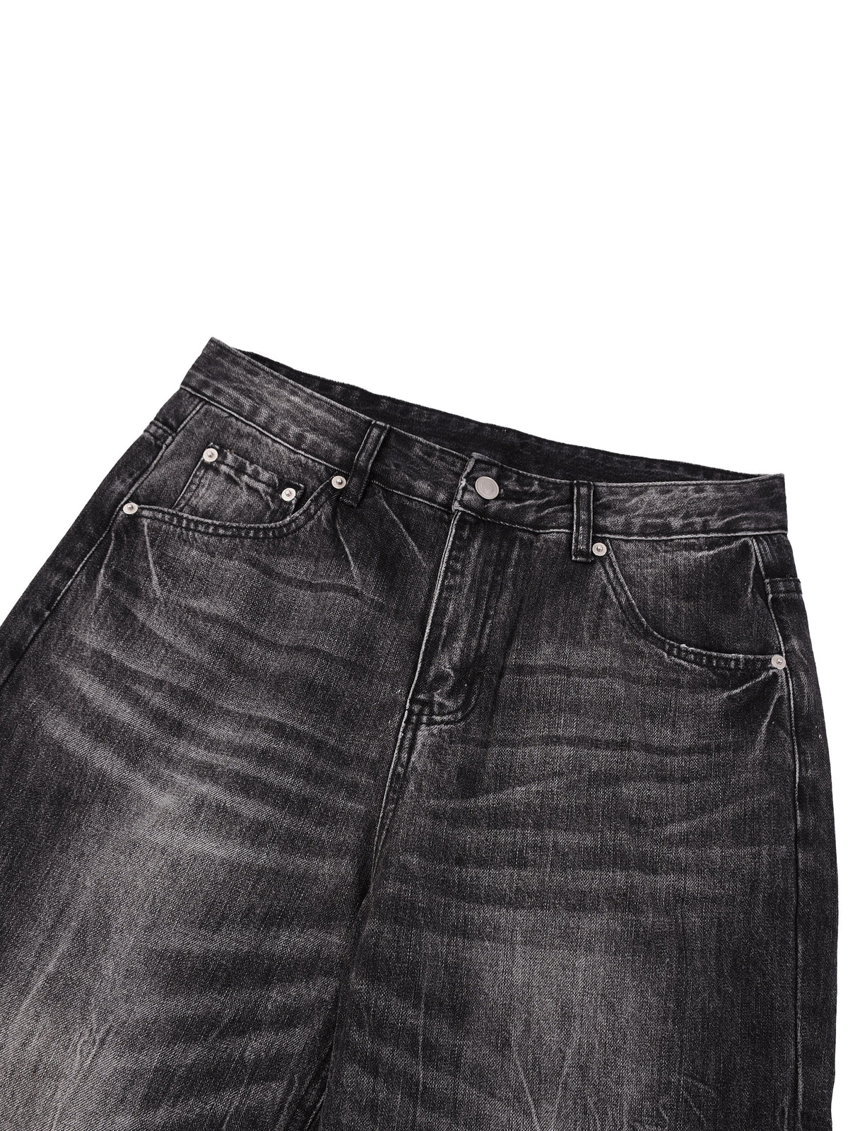 Close-up of a pair of dark gray to black washed denim jeans, showing the front pockets, belt loops, and waistband details against a plain white background.