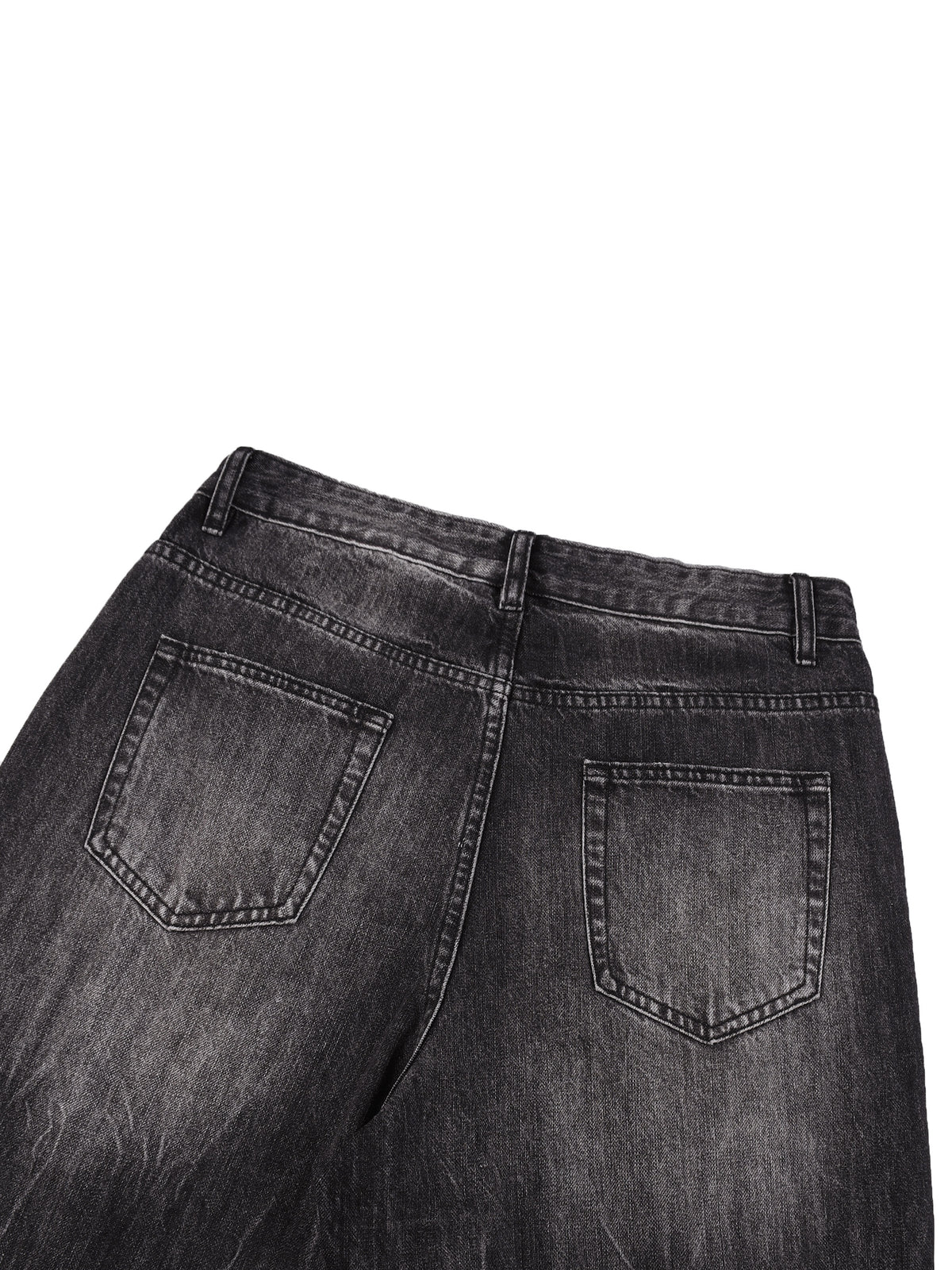 Close-up back view of dark gray washed denim jeans showing the waistband, belt loops, and two back pockets on a plain white background.
