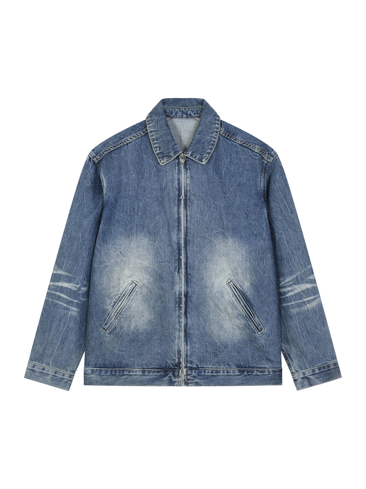 Blue denim jacket with distressed details on a white background