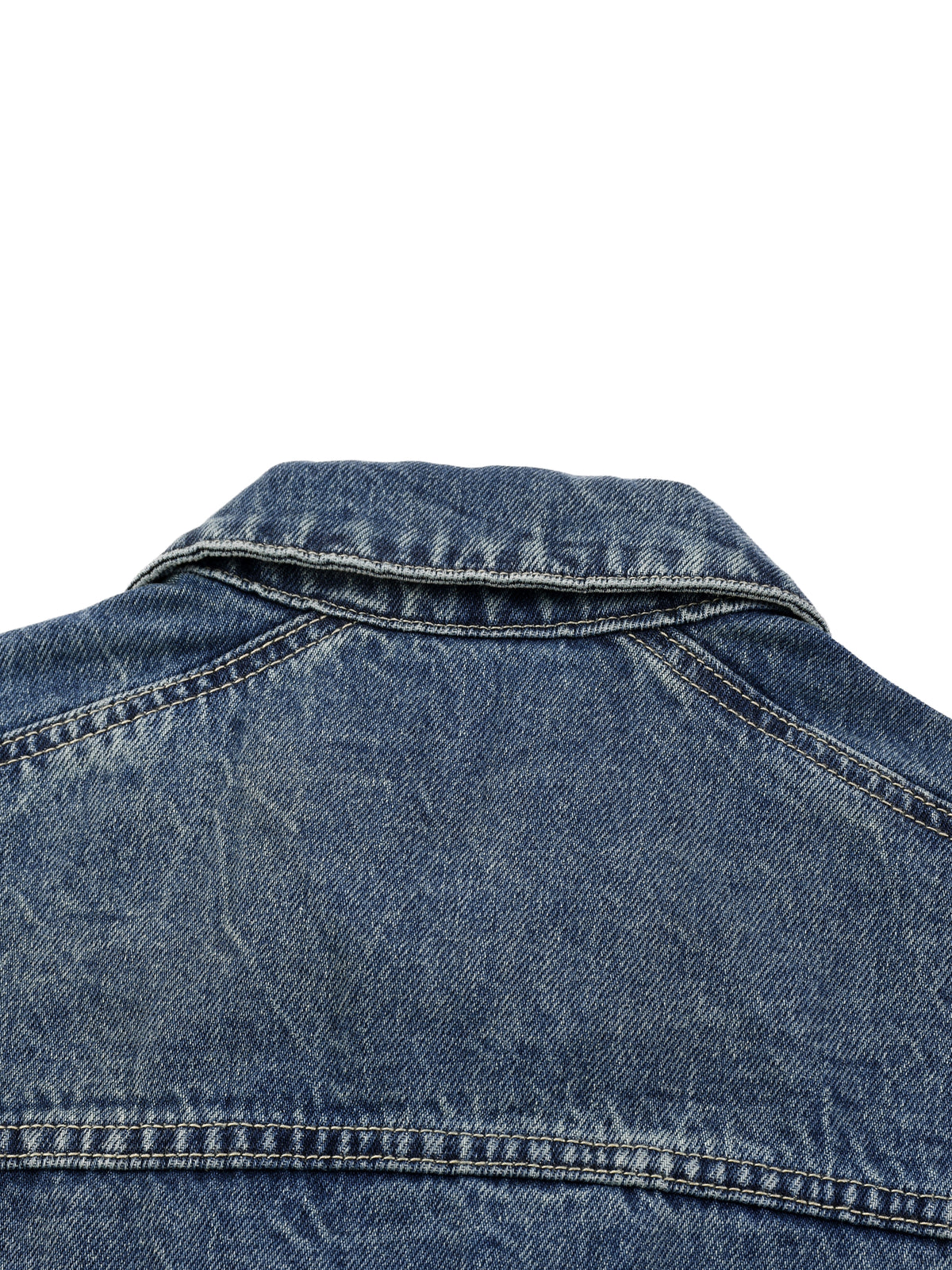 Close-up of a blue denim jacket on a white background