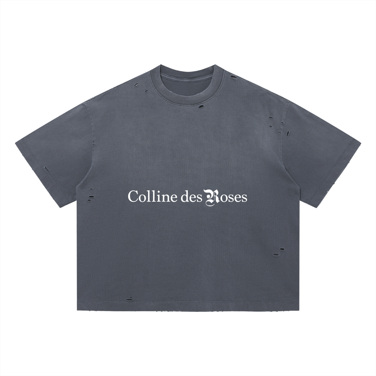 Gray t-shirt with 'Colline des Roses' logo on a white background