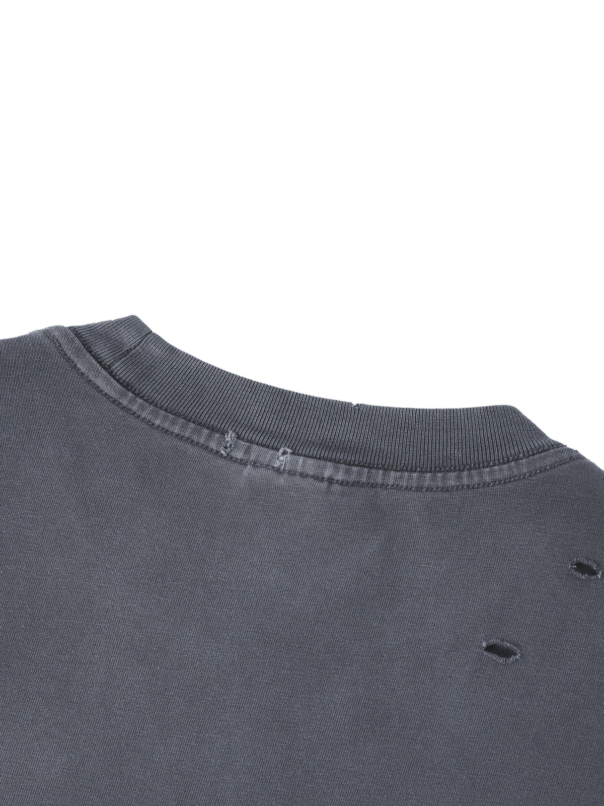 Close-up of a dark gray sweatshirt collar with stitching details on a white background
