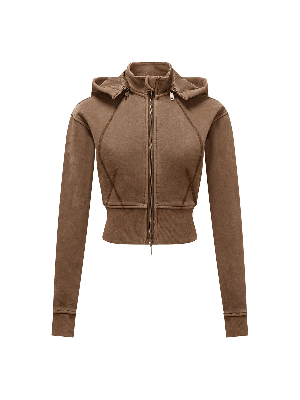 Brown hoodie with a zipper on a white background