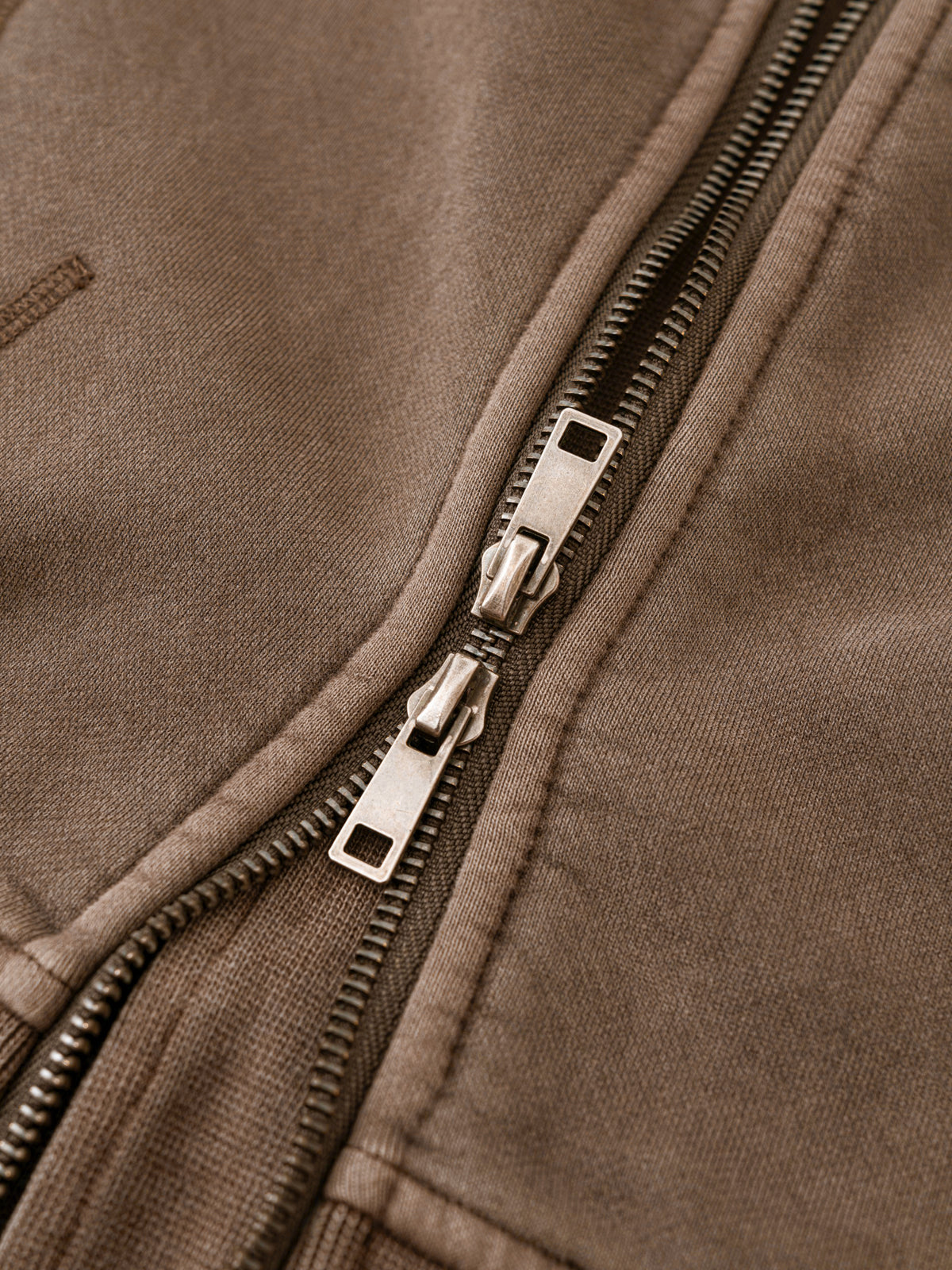 Close-up of a brown jacket zipper