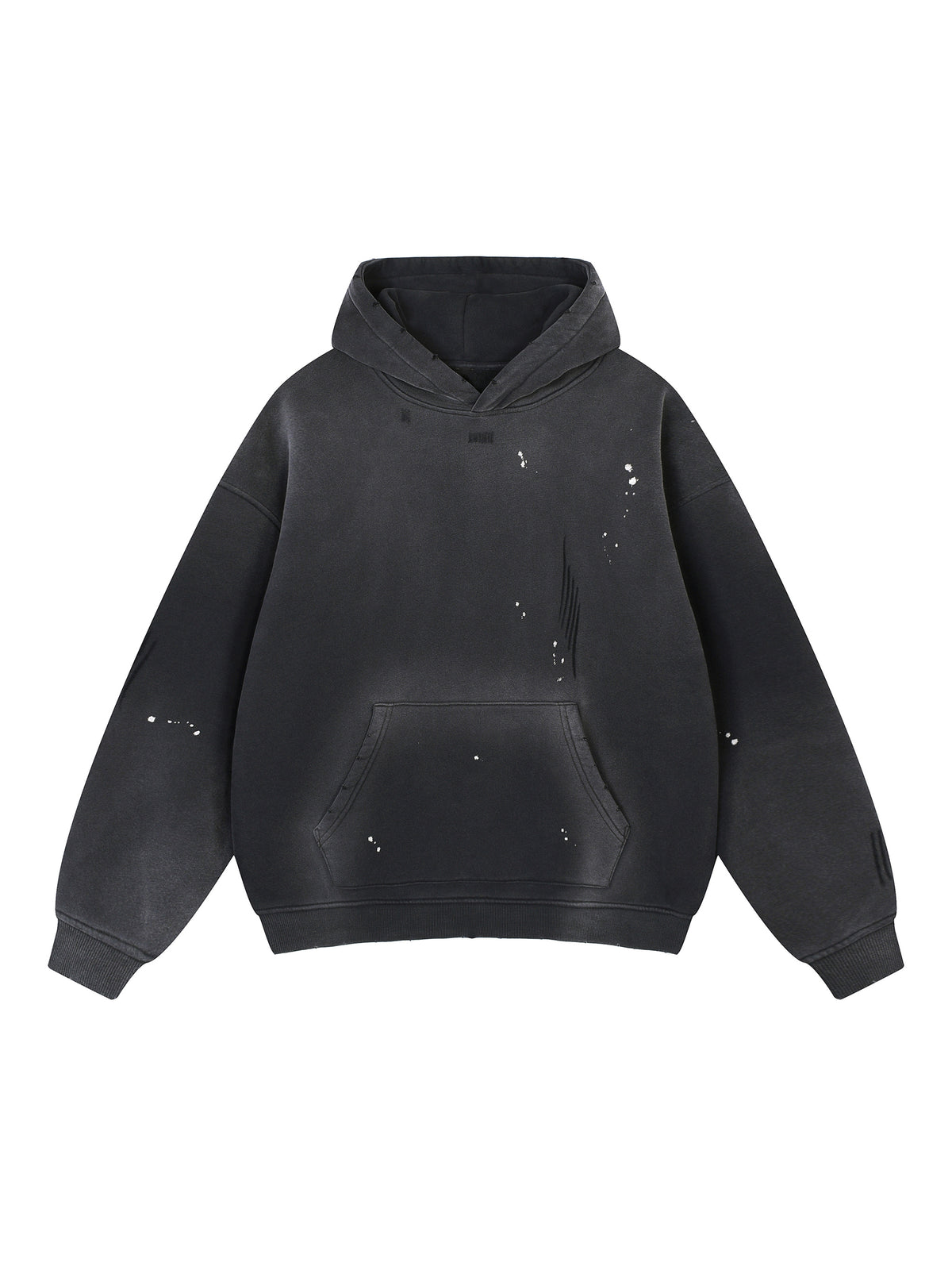 Black hoodie with subtle speckles on a white background