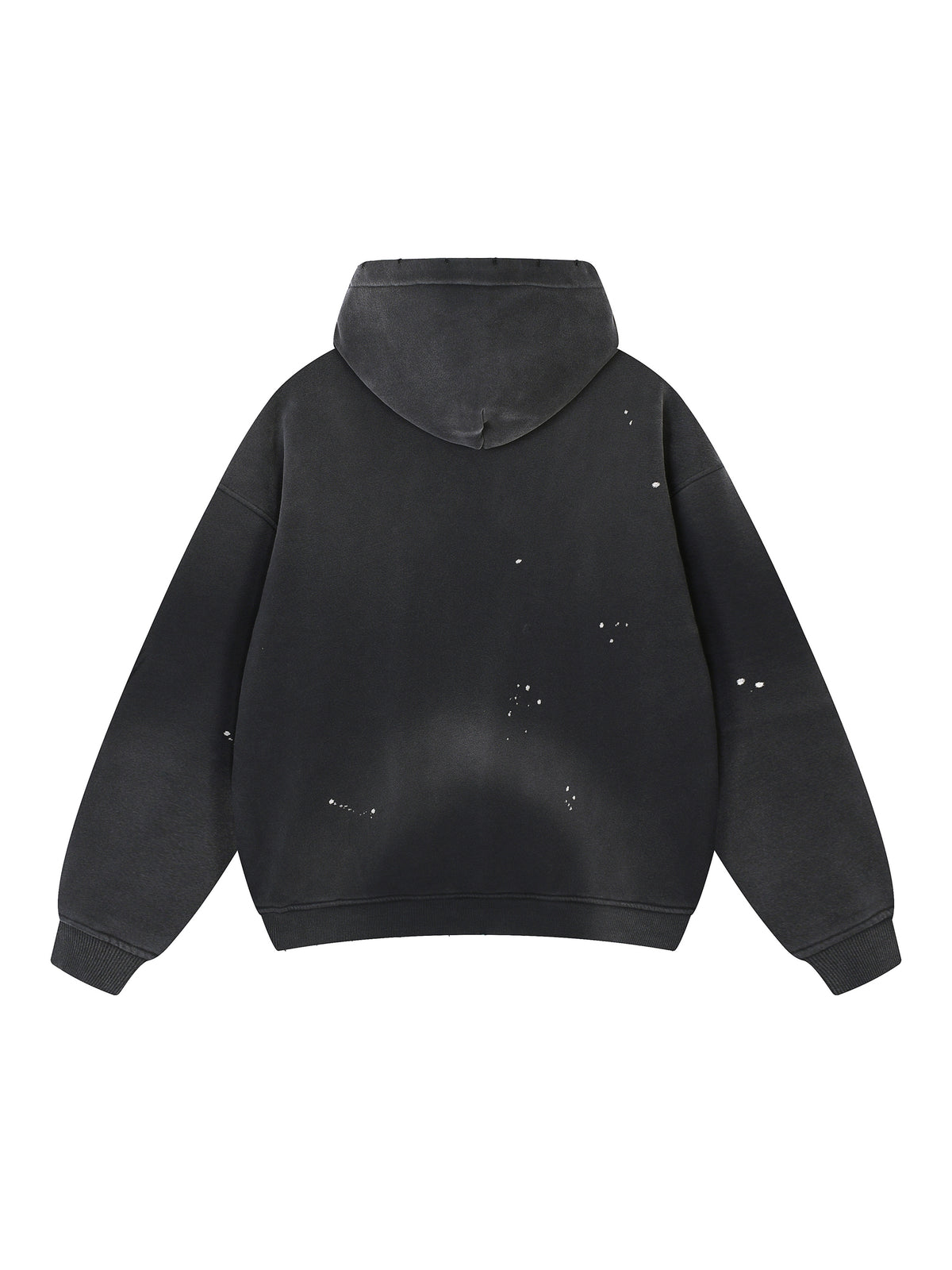 Black hoodie with paint splatter design on a white background