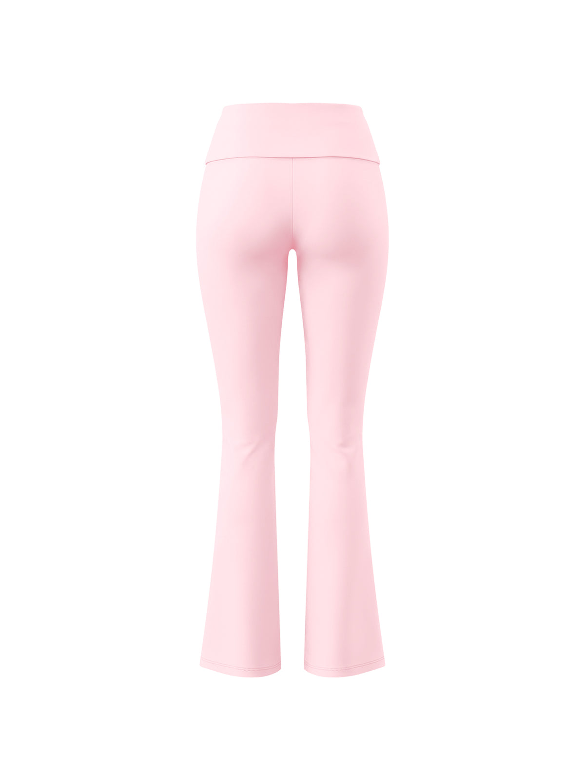 Light pink high-waisted flared leggings shown from the back on a plain white background.