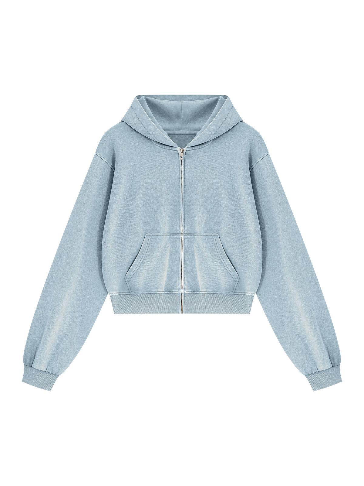A light blue cropped zip-up hoodie with a front kangaroo pocket, presented on a solid white background.