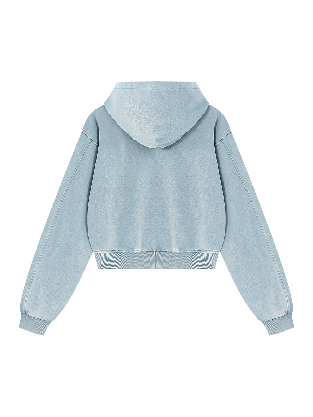 A light blue cropped hoodie shown from the back, featuring a hood, long sleeves, and ribbed cuffs and hem, displayed on a solid white background.