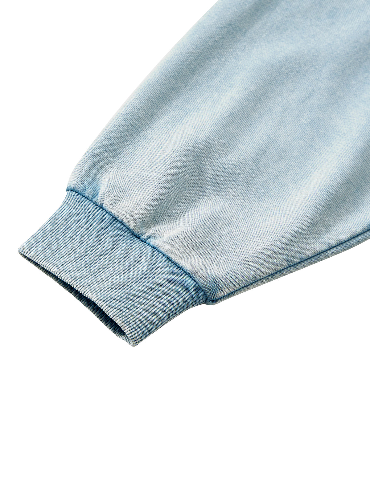 Close-up of a light blue sweatshirt sleeve with a ribbed knit cuff on a white background.