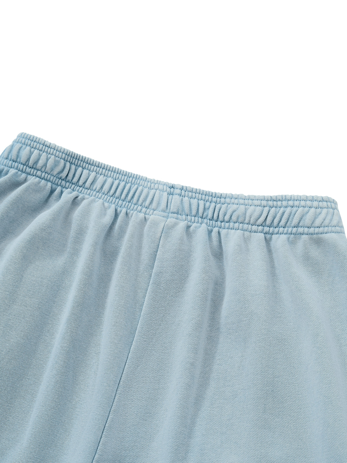 Close-up of a light blue pair of sweatpants showing the elastic waistband and upper fabric texture against a white background.