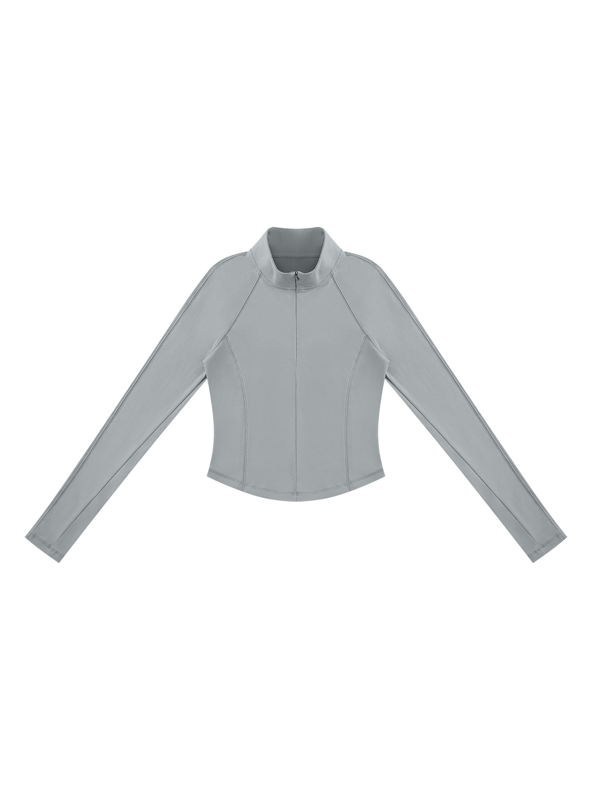 A light gray long-sleeve athletic top with a mock neck and full front zipper, displayed flat against a solid white background.