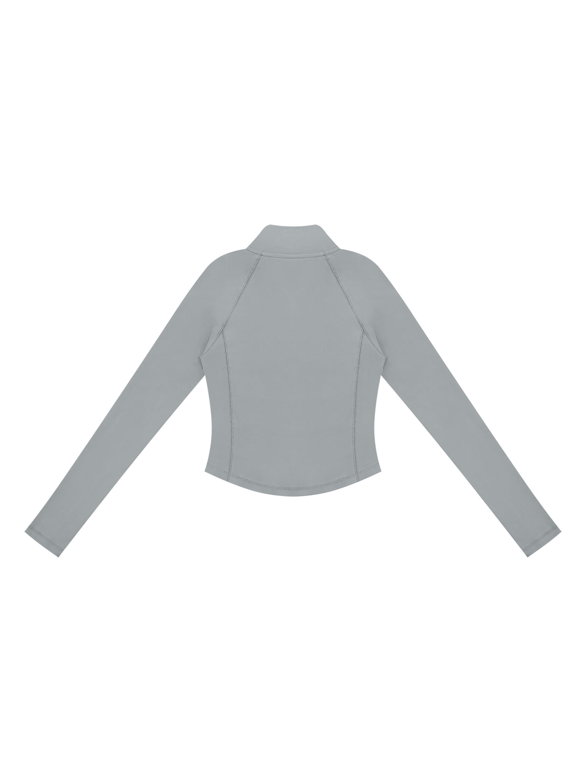 A light gray long-sleeve mock neck top shown from the back, laid flat against a solid white background.