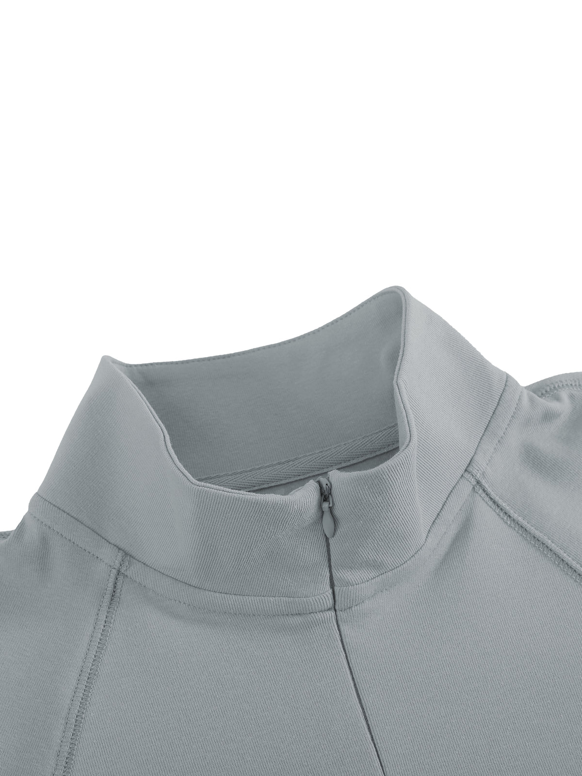 Close-up of a light gray athletic quarter-zip pullover with a high mock neck collar, showing the zipper and fabric texture against a white background.