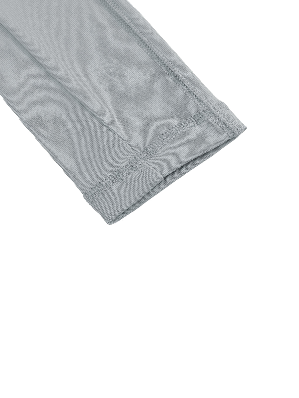 Close-up detail of a light gray ribbed fabric cuff with neat stitching on a plain white background.